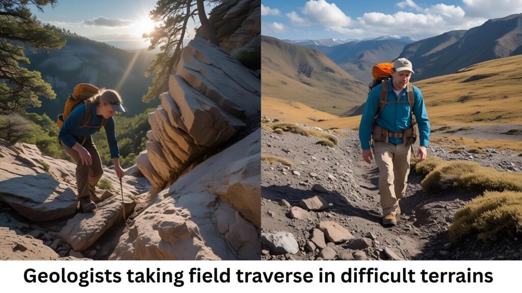 Geologists taking field traverse in difficult terrain